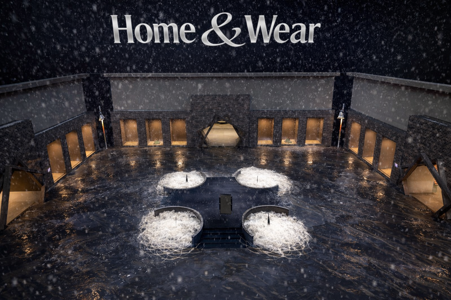 Home&Wear main hall entrance with snowfall and glowing sign