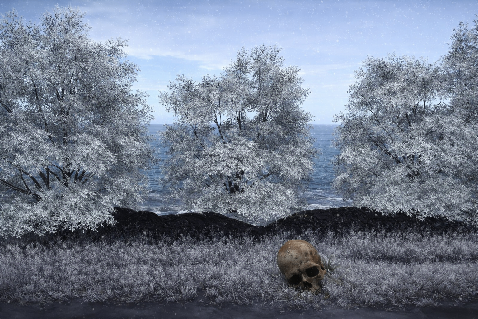 Winter shoreline with frosted trees and skull decor