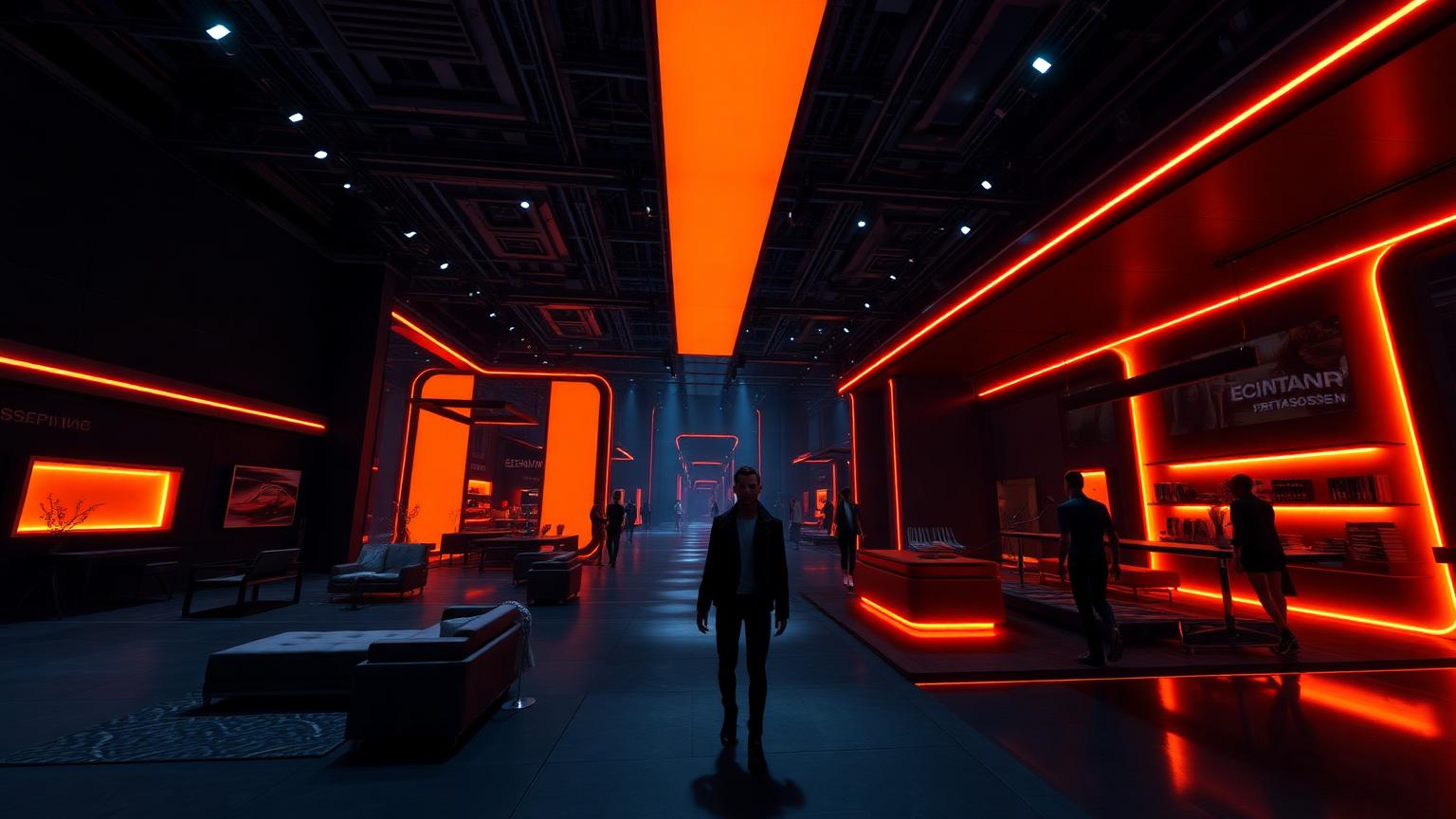 Home&Wear event venue inside Second Life with orange neon lights